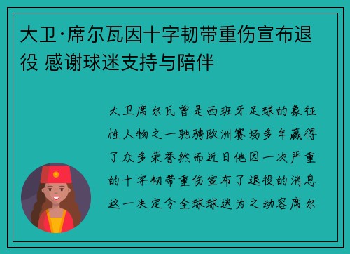 大卫·席尔瓦因十字韧带重伤宣布退役 感谢球迷支持与陪伴